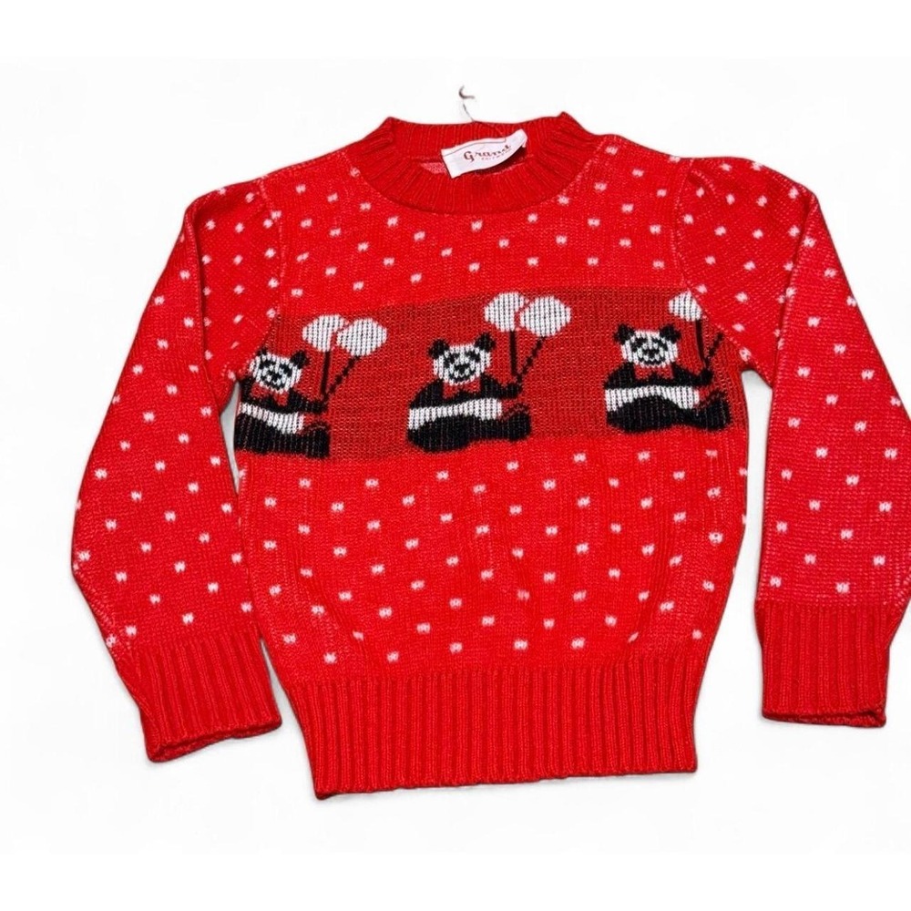 Vintage Grand Knitwear Toddler 2T Red Panda Bear Sweater Polka Dot Knit